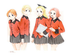 Rule 34 | 4girls, absurdres, arm grab, arms behind back, artist name, assam (girls und panzer), black bow, black ribbon, black skirt, blonde hair, bow, braid, brown eyes, closed mouth, commentary, computer, cropped legs, darjeeling (girls und panzer), dated, epaulettes, girls und panzer, hair bow, hair pulled back, hair ribbon, highres, holding, holding laptop, horikou, insignia, jacket, laptop, leaning forward, long hair, long sleeves, looking at viewer, medium hair, military, military uniform, miniskirt, multiple girls, open mouth, orange hair, orange pekoe (girls und panzer), outside border, painting (medium), parted bangs, pleated skirt, red hair, red jacket, ribbon, rosehip (girls und panzer), rukuriri (girls und panzer), short hair, signature, skirt, smile, st. gloriana&#039;s military uniform, standing, traditional media, uniform, watercolor (medium)
