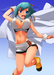 Rule 34 | 10s, 1girl, aquarion (series), aquarion evol, blue eyes, bouncing breasts, breasts, cleavage, cleavage cutout, clothing cutout, gradient background, green hair, kaisen chuui, large breasts, looking at viewer, midriff, navel, no socks, open mouth, short hair, short shorts, shorts, simple background, solo, zessica wong