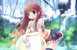 Rule 34 | 1girl, arched back, armlet, bad id, bad pixiv id, bare tree, belt, black thighhighs, blue eyes, blue skirt, brown hair, commentary request, elbow gloves, floral print, flower, frilled skirt, frills, gloves, grass, hair ribbon, highres, leaning on object, long hair, looking at viewer, open mouth, original, ribbon, risutaru, shirt, skirt, sleeveless, sleeveless shirt, snow, snowing, solo, thighhighs, tree, water, waterfall