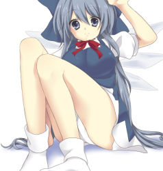 Rule 34 | 1girl, alternate breast size, alternate hairstyle, bad id, bad pixiv id, blue eyes, blue hair, bow, breasts, cirno, embodiment of scarlet devil, etou (cherry7), large breasts, long hair, matching hair/eyes, aged up, socks, solo, touhou, very long hair, white socks, wings