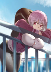 Rule 34 | 10s, 1girl, bad id, bad pixiv id, bent over, black pantyhose, breasts, closed mouth, club3, collared shirt, day, gridman universe, highres, jacket, large breasts, legs together, light purple hair, long sleeves, looking at viewer, off shoulder, open clothes, outdoors, pantyhose, purple jacket, school uniform, shinjou akane, shirt, short hair, skirt, smile, solo, ssss.gridman, white shirt