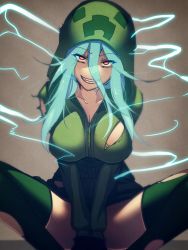 Rule 34 | 1girl, at2., blue hair, breasts, charged creeper, cleavage, creeparka, creeper, electricity, fang, glowing, green hoodie, green thighhighs, grin, hair between eyes, highres, hood, hooded sweater, hoodie, large breasts, long sleeves, looking at viewer, minecraft, open mouth, personification, red eyes, smile, solo, sweater, thighhighs, torn clothes