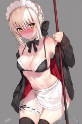 Rule 34 | 1girl, apron, artoria pendragon (all), artoria pendragon (alter swimsuit rider) (second ascension) (fate), artoria pendragon (fate), black bra, black thighhighs, blonde hair, blush, bra, braid, breasts, bridal garter, choker, cleavage, closed mouth, commentary request, cowboy shot, fate/grand order, fate (series), french braid, frilled bra, frills, frown, grey background, hair between eyes, hair bun, hair ribbon, long sleeves, maid headdress, mataro (matarou), medium breasts, mop, navel, off shoulder, open clothes, open shirt, ribbon, ribbon trim, saber (fate), saber alter, shirt, simple background, single hair bun, solo, thigh strap, thighhighs, underwear, waist apron, yellow eyes