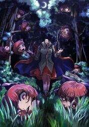 Rule 34 | 1girl, black shirt, bow, cloak, commentary request, crescent moon, disembodied head, forest, grass, hair bow, highres, long sleeves, looking at viewer, moon, multiple heads, nature, open mouth, outdoors, red eyes, red hair, red skirt, sekibanki, sekibanki day, shioshio (betabetarimocon), shirt, skirt, standing, touhou, tree