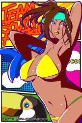 Rule 34 | 1girl, armpits, bikini, breasts, brown hair, coco (kof), dark skin, highres, large breasts, lipstick, long hair, makeup, navel, ngssprl, ponytail, swimsuit, the king of fighters, yellow lips, zarina