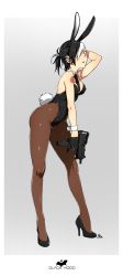 Rule 34 | 1girl, absurdres, animal ears, arm behind head, bare shoulders, black hair, black hood, blue eyes, blush, bow, bowtie, breasts, cleavage, covered erect nipples, detached collar, earrings, fake animal ears, full body, gloves, gradient background, gun, hair over one eye, high heels, highres, holding, holding gun, holding weapon, jewelry, kamezaemon, leotard, mac-10/11, multicolored hair, original, pantyhose, playboy bunny, ponytail, rabbit ears, rabbit tail, short hair, skin tight, solo, submachine gun, tail, trigger discipline, two-tone hair, weapon, white hair, wrist cuffs