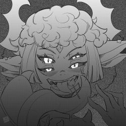 Rule 34 | 1girl, animal ears, artist name, blush, candy, collarbone, commission, demon girl, drooling, earclip, eating, extra ears, extra eyes, face, female focus, food, forehead jewel, furry, furry female, grey background, greyscale, half-closed eyes, halftone, hand up, happy, horns, lin mzhh, lollipop, monochrome, mouth hold, open mouth, original, saliva, short hair, sidelocks, signature, simple background, slit pupils, smile, solo, tongue, tongue out, uneven eyes
