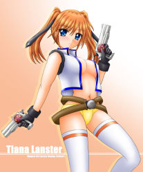 Rule 34 | 00s, 1girl, belt, belt buckle, breasts, buckle, cleavage, cowboy shot, cross mirage, dual wielding, gun, holding, looking back, lyrical nanoha, mahou shoujo lyrical nanoha, mahou shoujo lyrical nanoha strikers, midriff, navel, no bra, open clothes, open vest, panties, solo, standing, stomach, teana lanster, thighhighs, underwear, vest, weapon, white thighhighs, yamaguchi ugou, yellow panties