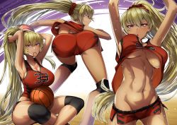 Rule 34 | 1girl, abs, absurdres, alternate costume, alternate hairstyle, ass, ball, basketball, basketball (object), basketball uniform, blonde hair, breasts, clothes pull, cluseller, commission, commissioner upload, dark skin, fire emblem, fire emblem: the binding blade, highres, huge filesize, igrene (fire emblem), large breasts, long hair, looking at viewer, nintendo, pantylines, ponytail, short shorts, shorts, skeb commission, sportswear, underboob, yellow eyes
