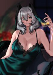 Rule 34 | 1girl, absurdres, alternate costume, aqua eyes, arknights, bare arms, bare shoulders, breasts, cleavage, commentary request, dress, green dress, green eyes, grey hair, grin, head wings, highres, ho&#039;olheyak (arknights), large breasts, long hair, looking at viewer, sleeveless, sleeveless dress, smile, snake tail, solo, spaghetti strap, tail, wings, yuec