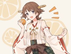 Rule 34 | 1girl, ^^^, bad id, bad twitter id, brown hair, commentary request, detached sleeves, flipped hair, food, fruit, fruit background, green skirt, hairband, headgear, hiei (kancolle), hiei kai ni (kancolle), holding, holding food, holding fruit, japanese clothes, kantai collection, looking at viewer, orange (fruit), orange background, orange slice, plaid, purple eyes, ribbon-trimmed sleeves, ribbon trim, shakemi (sake mgmgmg), short hair, skirt, smile, solo, upper body