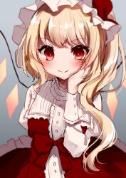 Rule 34 | 1girl, alternate costume, blonde hair, blush, bow, buttons, closed mouth, commentary request, dress, flandre scarlet, frilled dress, frills, grey background, hand on own cheek, hand on own face, hat, hat bow, juliet sleeves, kisaragi yuri, long sleeves, looking at viewer, mob cap, no nose, puffy sleeves, red bow, red dress, sleeve cuffs, smile, solo, touhou, white hat, wings