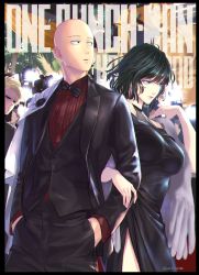 Rule 34 | 2boys, 2girls, alternate costume, bald, black dress, black hair, black sclera, bow, bowtie, breasts, colored sclera, copyright name, dress, formal, fubuki (one-punch man), genos, green eyes, hands in pockets, highres, jewelry, large breasts, multiple boys, multiple girls, necklace, one-punch man, red shirt, saitama (one-punch man), shirt, short hair, siblings, signature, sisters, suit, tatsumaki, vest, vvv020vvv