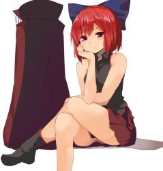 Rule 34 | 1girl, bad id, bad twitter id, bandages, bare shoulders, blush, boots, cape, unworn cape, hair ornament, hair ribbon, hasebe yuusaku, crossed legs, looking at viewer, miniskirt, red eyes, red hair, red skirt, revision, ribbon, sekibanki, shirt, short hair, simple background, sitting, skirt, sleeveless, solo, touhou, white background