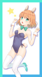 Rule 34 | 1girl, amelie planchard, animal ears, bad id, bad pixiv id, border, bow, bowtie, collarbone, detached collar, extra ears, fake animal ears, green eyes, high heels, leotard, looking at viewer, open mouth, orange hair, playboy bunny, rabbit ears, rabbit girl, rabbit tail, short hair, simple background, solo, star (symbol), strike witches, strike witches: katayoku no majo-tachi, tail, thighhighs, totonii (totogoya), world witches series, wrist cuffs