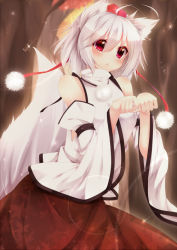 Rule 34 | 1girl, :&lt;, alza, animal ears, blush, detached sleeves, hat, inubashiri momiji, lens flare, looking at viewer, paw pose, red eyes, short hair, solo, sparkle, tail, tokin hat, touhou, white hair, wolf ears, wolf tail