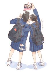 Rule 34 | 2girls, :d, ankle socks, arm up, backpack, bag, black bag, black hair, blazer, blue jacket, blue skirt, cellphone, dated, facing away, from behind, full body, hand up, highres, holding, holding mask, holding phone, jacket, layered sleeves, legs apart, long hair, long sleeves, mask, unworn mask, medium hair, mouth mask, multiple girls, neck ribbon, open mouth, original, outstretched arm, phone, pleated skirt, ponytail, red ribbon, ribbon, school uniform, selfie, shoelaces, shoes, side-by-side, signature, simple background, skirt, smartphone, smartphone case, smile, sneakers, socks, standing, surgical mask, v, white background, white footwear, white socks, zakka (d-o-t)
