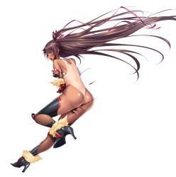 Rule 34 | 1girl, absurdres, aoi nagisa (metalder), ass, bare shoulders, blush, boots, brown hair, covering privates, covering breasts, dark-skinned female, dark skin, female focus, fishnets, from behind, full body, fur trim, high heels, highleg, highleg leotard, highres, jumping, leg up, leotard, lilith-soft, long hair, looking at viewer, looking back, mizuki yukikaze, official art, open mouth, purple eyes, shiny skin, simple background, skirt, solo, sweat, taimanin (series), taimanin rpgx, taimanin yukikaze, tan, tanline, thighhighs, thighs, torn clothes, twintails, white background