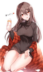 Rule 34 | 1girl, :d, baby bottle, black sweater, blush, bottle, breasts, brown hair, dress, hair between eyes, head tilt, highres, holding, holding bottle, kinona, lap pillow invitation, long sleeves, medium breasts, open mouth, original, plaid, red eyes, ribbed sweater, seiza, shawl, simple background, sitting, smile, solo, sweater, sweater dress, translation request, white background