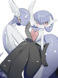 Rule 34 | 1girl, alternate color, bare shoulders, black dress, black gloves, blue gemstone, blue hair, blush, bob cut, closed mouth, colored skin, creatures (company), dragonair, dress, elbow gloves, expressionless, female focus, flat chest, from side, game freak, gardevoir, gem, gen 1 pokemon, gen 3 pokemon, gloves, hair between eyes, hand on another&#039;s cheek, hand up, head wings, highres, knees up, legs, long dress, looking at viewer, mame (pixiv 57985908), mega gardevoir, mega pokemon, nintendo, pokemon, pokemon (creature), red eyes, shiny pokemon, short hair, sitting, sparkle, strapless, strapless dress, white skin, wings