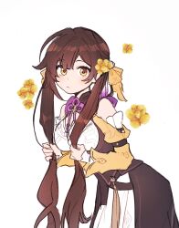 Rule 34 | 1girl, 5rwpvc, brown hair, chinese clothes, closed mouth, cowboy shot, flower, highres, honkai: star rail, honkai (series), leaning forward, long hair, long sleeves, looking at viewer, looking to the side, simple background, solo, sushang (honkai: star rail), twintails, white background, yellow eyes, yellow flower