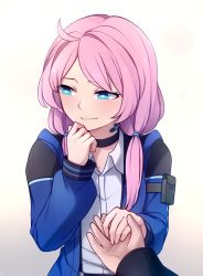 Rule 34 | 1girl, ahoge, arknights, black choker, blue eyes, blue jacket, blue poison (arknights), blue poison (elite ii) (arknights), choker, commentary, english commentary, hand up, highres, jacket, long hair, long sleeves, looking to the side, low twintails, pink hair, shirt, smile, solo focus, speckticuls, twintails, upper body, white shirt