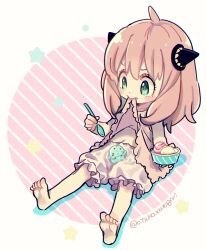 Rule 34 | 1girl, ahoge, anya (spy x family), artist name, barefoot, bloomers, blush, border, child, closed mouth, clothes lift, commentary request, dress, dress lift, eyelashes, feet, food, frills, green eyes, hair between eyes, hairpods, holding, holding spoon, ice cream, ice cream cup, katagiri atsuko, lifting own clothes, medium hair, mint chocolate, mouth hold, navel, outside border, pink background, pink dress, pink hair, round border, sidelocks, simple background, sitting, sleeveless, sleeveless dress, solo, spill, spoon, spy x family, star (symbol), stomach, striped background, tearing up, toes, twitter username, underwear, v-shaped eyebrows, white bloomers, white border