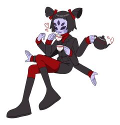 Rule 34 | arthropod girl, black footwear, black jacket, cosplay, crossover, cup, extra arms, extra eyes, helltaker, holding, holding cup, holding kettle, insect girl, jacket, modeus (helltaker), modeus (helltaker) (cosplay), muffet, pantyhose, red pantyhose, red sweater, spider girl, sweater, tokban, undertale