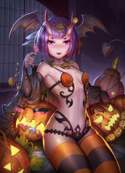 Rule 34 | 1girl, alternate costume, black cape, black gloves, blush, bob cut, breasts, candy, cape, dark duck, demon tail, eyebrows, fangs, fate/grand order, fate (series), fingerless gloves, food, gloves, halloween, head wings, highres, horns, jack-o&#039;-lantern, jewelry, looking at viewer, navel, necklace, oni, open mouth, pumpkin, purple eyes, purple hair, shuten douji (fate), sitting, skin-covered horns, small breasts, smile, striped clothes, striped thighhighs, sunglasses, tail, thighhighs, wings