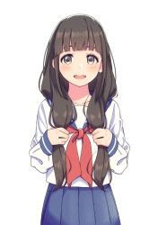 Rule 34 | 1girl, :d, black hair, blue sailor collar, blue skirt, blunt bangs, blush, brown eyes, collarbone, commentary request, highres, holding, holding hair, long hair, long sleeves, looking at viewer, natuich, neckerchief, open mouth, original, red neckerchief, sailor collar, school uniform, serafuku, simple background, skirt, smile, solo, tareme, teeth, upper teeth only, white background, white serafuku