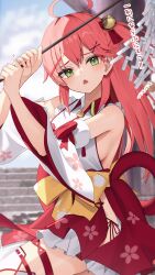 Rule 34 | 1girl, ahoge, bare shoulders, bell, detached sleeves, floral print, from side, gohei, green eyes, hair bell, hair ornament, highres, holding, holding gohei, hololive, long sleeves, looking to the side, one side up, pink hair, sakura miko, sakura miko (1st costume), solo, standing, thigh strap, thomas 8000, translation request, triangle mouth, virtual youtuber, x hair ornament