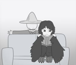 Rule 34 | 1girl, bird, black hair, couch, crow, crowanon, crowgirl, drawfag, feathers, greyscale, harpy, hat, messy hair, monochrome, monster girl, original, scarecrow, scared, straw hat, sweat, talons, winged arms, wings