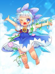Rule 34 | barefoot, blue bow, blue dress, blue eyes, blue hair, bow, cirno, dress, feet, flower, hidden star in four seasons, highres, ibaraki natou, ice, ice wings, one eye closed, plant, smile, solo, sunflower, tan, tanned cirno, touhou, vines, wings