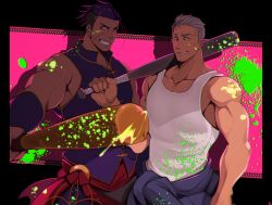 Rule 34 | 2boys, absurdres, bara, bare shoulders, baseball bat, character request, check copyright, clothes around waist, copyright request, crow (siranui), dark-skinned male, dark skin, facial scar, highres, holding, holding baseball bat, jacket, jacket around waist, large pectorals, male focus, multiple boys, muscular, muscular male, original, pectoral cleavage, pectorals, scar, scar on cheek, scar on face, short hair, sideburns, sidepec, smirk, tank top, thick thighs, thighs, upper body, virtual youtuber, white tank top