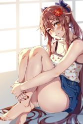Rule 34 | 1girl, ass, bad id, bad twitter id, barefoot, blue skirt, blush, breasts, brown hair, camisole, denim, denim skirt, feet, floral print, flower, genshin impact, grin, hair flower, hair ornament, highres, hu tao (genshin impact), knees up, legs, long hair, looking at viewer, miazi, one eye closed, panties, plum blossoms, red eyes, sidelocks, sitting, skirt, small breasts, smile, solo, symbol-shaped pupils, thighs, twintails, underwear, upskirt, very long hair, white camisole, white panties