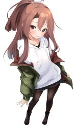 Rule 34 | 1girl, black footwear, black pantyhose, black skirt, boots, brown eyes, brown hair, cross-laced footwear, from above, green jacket, high ponytail, highres, hood, hooded sweater, jacket, jacket partially removed, kantai collection, lace-up boots, long hair, looking at viewer, official alternate costume, pantyhose, pleated skirt, simple background, skirt, solo, standing, sweater, white background, white sweater, zarashi, zuihou (kancolle)