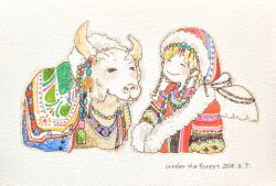 Rule 34 | 1girl, ^ ^, animal, blonde hair, bull, closed eyes, dated, fur trim, highres, jewelry, necklace, original, painting (medium), signature, smile, traditional media, under the forest, upper body, watercolor (medium), white wings, wings, winter clothes