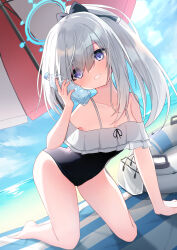 Rule 34 | 1girl, all fours, bare shoulders, black bow, black one-piece swimsuit, blue archive, blue eyes, blue sky, bottle, bottle to cheek, bow, breasts, cleavage, cloud, cloudy sky, commentary request, day, frilled one-piece swimsuit, frills, grey hair, grin, hair between eyes, hair bow, halo, hand up, head tilt, high ponytail, highres, holding, holding bottle, innertube, long hair, miyako (blue archive), miyako (swimsuit) (blue archive), nishina kakeri, off-shoulder one-piece swimsuit, off shoulder, one-piece swimsuit, outdoors, ponytail, sky, small breasts, smile, solo, swim ring, swimsuit, water