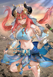 Rule 34 | 1girl, 1other, a-by, absurdres, aqua eyes, barefoot, breasts, brooch, circlet, detached sleeves, fake horns, floating hair, foot up, gem, genshin impact, glint, gold, gold trim, hand up, harem outfit, highres, holding hands, horns, jewelry, large breasts, long hair, low twintails, medium breasts, midriff, navel, nilou (genshin impact), parted lips, puffy short sleeves, puffy sleeves, red hair, revision, short sleeves, sidelocks, skirt hold, soles, solo, solo focus, stomach, tassel, thighlet, thighs, twintails, white veil