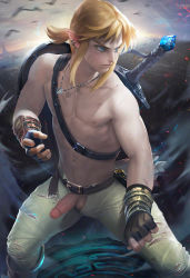 Rule 34 | 1boy, artist name, belt, blonde hair, earrings, elf, fingerless gloves, gauntlets, gloves, highres, jewelry, link, male focus, muscular, necklace, nintendo, open clothes, open fly, penis, pointy ears, sakimichan, shield, topless male, solo, sword, testicles, the legend of zelda, the legend of zelda: breath of the wild, uncensored, weapon, wristband