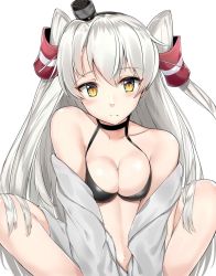 Rule 34 | 10s, 1girl, amatsukaze (kancolle), bad id, bad pixiv id, bare shoulders, bikini, bikini top only, bikini under clothes, black bikini, blush, breasts, choker, cleavage, closed mouth, collarbone, fang, fang out, frown, grey jacket, hair tubes, hairband, highres, jacket, kantai collection, knees up, long hair, long sleeves, looking at viewer, medium breasts, navel, off shoulder, silver hair, simple background, slit pupils, solo, stomach, suzuharu toufu, swimsuit, two side up, very long hair, white background, yellow eyes