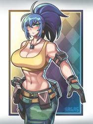 Rule 34 | 1girl, abs, bare shoulders, belt, biceps, blue hair, breasts, camouflage, dog tags, earrings, fighting stance, gloves, green eyes, highres, jewelry, leona heidern, midriff, military, muscular, pants, ponytail, pouch, sleeveless, standing, tank top, the king of fighters, the king of fighters xiv, uniform