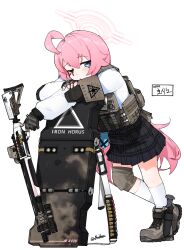 Rule 34 | 1girl, absurdres, ahoge, beretta 1301, black gloves, black skirt, black vest, blue archive, blue eyes, blush, boots, flukhan, full body, gloves, grey footwear, gun, hair between eyes, halo, highres, hoshino (blue archive), long hair, long sleeves, looking at viewer, one eye closed, open mouth, pink hair, pink halo, pleated skirt, shield, shirt, simple background, skirt, socks, solo, tattoo, vest, weapon, white background, white shirt, white socks