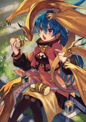 Rule 34 | &gt;:(, 1girl, black pantyhose, black skirt, blue hair, book, bottle, buttons, capelet, cloak, commentary, cup, dragon, dragon on head, eating, fang, feet out of frame, food, food on body, food on legs, food theft, grass, hands up, highres, holding, holding food, horns, long hair, mug, open mouth, original, pantyhose, pointing, red capelet, red cloak, red eyes, rumie, sandwich, sitting, sitting on stairs, skin fang, skirt, solo, stairs, stone stairs, tiona, v-shaped eyebrows, wyvern