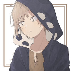Rule 34 | 1boy, black hoodie, brown shirt, casual, closed mouth, collarbone, commentary request, cross-laced slit, dated, framed, frown, hood, hood up, hoodie, kagerou project, kano shuuya, koyon, light brown hair, looking away, looking to the side, male focus, mekakucity actors, outside border, print hoodie, shirt, simple background, two-tone hoodie, white background, white hoodie, yellow eyes