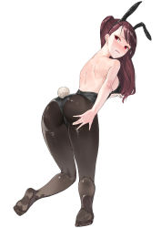 Rule 34 | 1girl, absurdres, animal ears, back, bare shoulders, black hairband, black leotard, black pantyhose, blush, breasts, darotong, fake animal ears, fake tail, from behind, full body, girls&#039; frontline, hair ribbon, hairband, hand on own ass, highres, kneeling, large breasts, leotard, long hair, looking at viewer, looking back, one side up, open mouth, pantyhose, playboy bunny, purple hair, rabbit ears, rabbit tail, red eyes, ribbon, saliva, simple background, solo, strapless, strapless leotard, sweat, tail, very long hair, wa2000 (girls&#039; frontline)