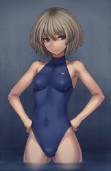 Rule 34 | 1girl, bare shoulders, blue eyes, bob cut, brown hair, covered navel, hair between eyes, hands on own hips, katagiri (a1466502), one-piece swimsuit, original, short hair, solo, swimsuit, wading