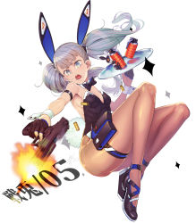 Rule 34 | 1girl, animal ears, armband, ass, ayaki, black leotard, blue eyes, bow, bowtie, breasts, desert eagle, desert eagle (girls&#039; frontline), detached collar, explosive, fake animal ears, fingerless gloves, firing, girls&#039; frontline, gloves, grenade, grey hair, gun, handgun, high heels, highres, holding, holding tray, large breasts, leotard, medium breasts, open mouth, pantyhose, pinstripe footwear, playboy bunny, pouch, rabbit ears, rabbit tail, see-through, see-through legwear, shell casing, tail, thigh pouch, thigh strap, tray, twintails, weapon, white background, wrist cuffs