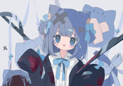Rule 34 | 1girl, absurdres, animal ears, blood, blood on clothes, blue bow, blue eyes, blue hair, bow, cat girl, cat tail, crying, hair bow, hair ornament, highres, open mouth, oreoreoreo, original, sleeves past fingers, sleeves past wrists, solo, streaming tears, tail, tail bow, tail ornament, tears, two side up, upper body, very long sleeves, x hair ornament