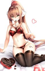 Rule 34 | 1girl, absurdres, black thighhighs, bow, box, bra, brown hair, candy, chocolate, chocolate heart, commentary, doki doki literature club, food, green eyes, heart, highres, long hair, looking at viewer, monika (doki doki literature club), navel, panties, ponytail, red bra, red panties, ribbon, side-tie panties, smile, solo, thighhighs, thighs, tsukimaru, underwear, valentine